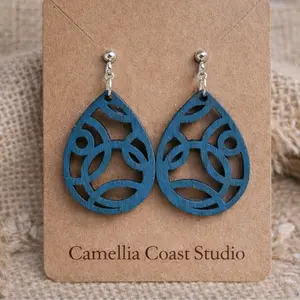 Camellia Coast Studio Teal Teardrop Earrings with Intricate Cutout Design for Everyday Wear