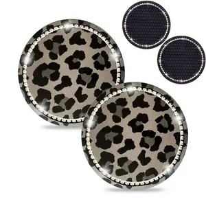 4PCS Car Cup Holder Coasters Set, No-Slip Silicone Crystal Bling Rhinestone for Auto Cup Holders, 2 Pack Leopard Print + 2 Pack Black, Car Interior Accessories Coaster for Women Men, Universal Fit 2.75 inches