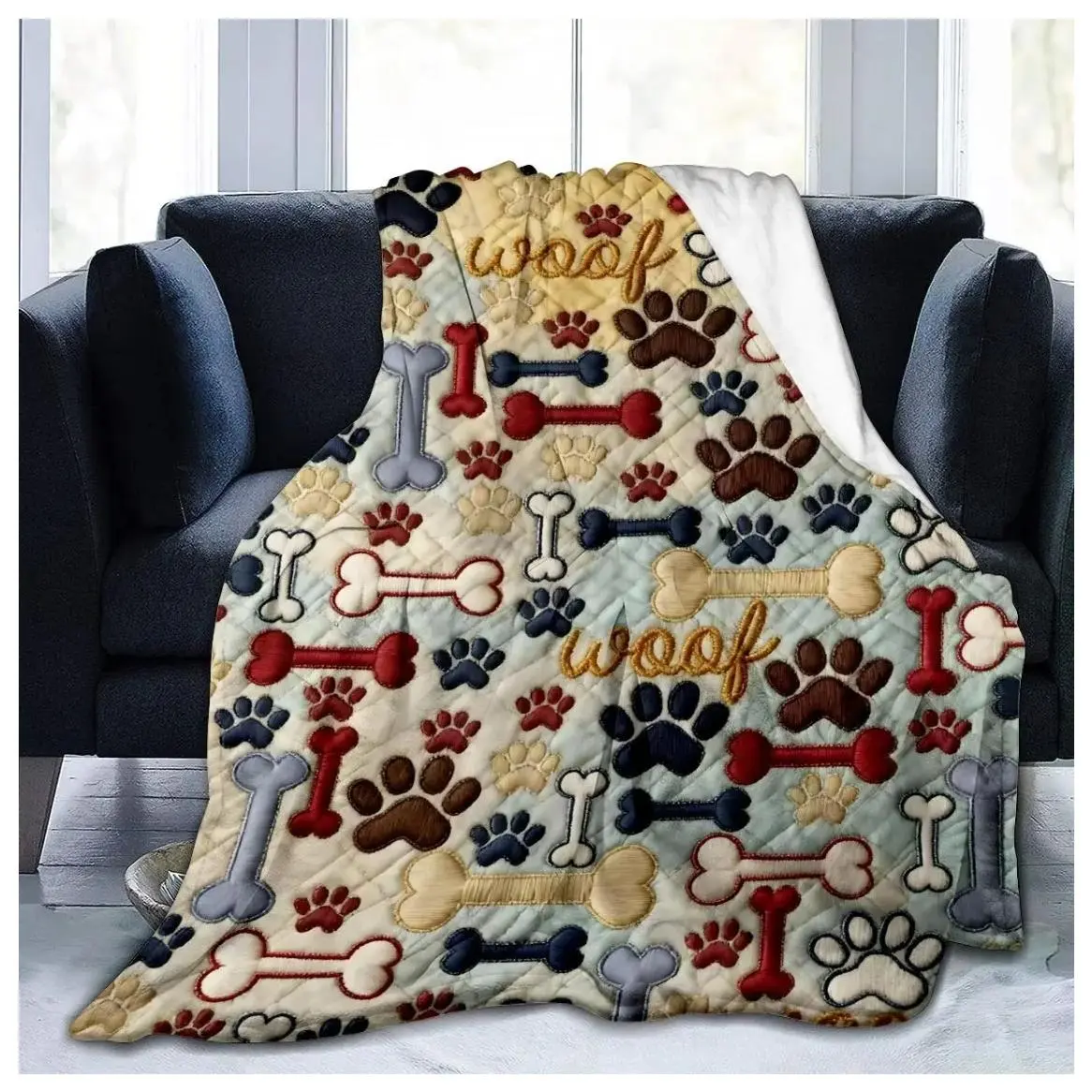 Comfortable Dog Paw Print Blanket with Bone and Wagging Tail Design, Soft Flannel Pet Bed Cover, All-Season Use, Home Suitable as a gift sizes 60*80,30*40 ,40*50 50*60