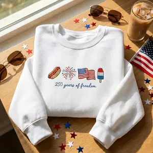 [EMBROIDERED] Embroidered Patriotic USA T-Shirt, Sweatshirt, 250 Years of Freedom Handmade Embroidery, Gift for Americans, Fourth of July Independence Day