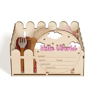 1pc "Hello World" Wooden Birth Storage basket with Announcement Board, Name/Date/Time/Weight Tracker, Wooden Milestone Birth Markers, Photography Milestone Cards, Boho Style, Ideal for Birth Gift and Room Decoration, Storage Organizer
