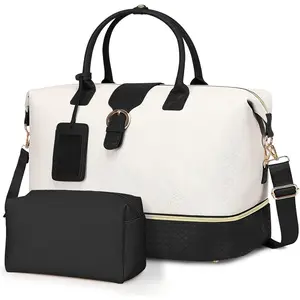 Leather Weekender Bags for Women, Travel Duffel Bag PU Overnight Bag Carry  Tote Bag with Shoe Compartment Wet Pocket
