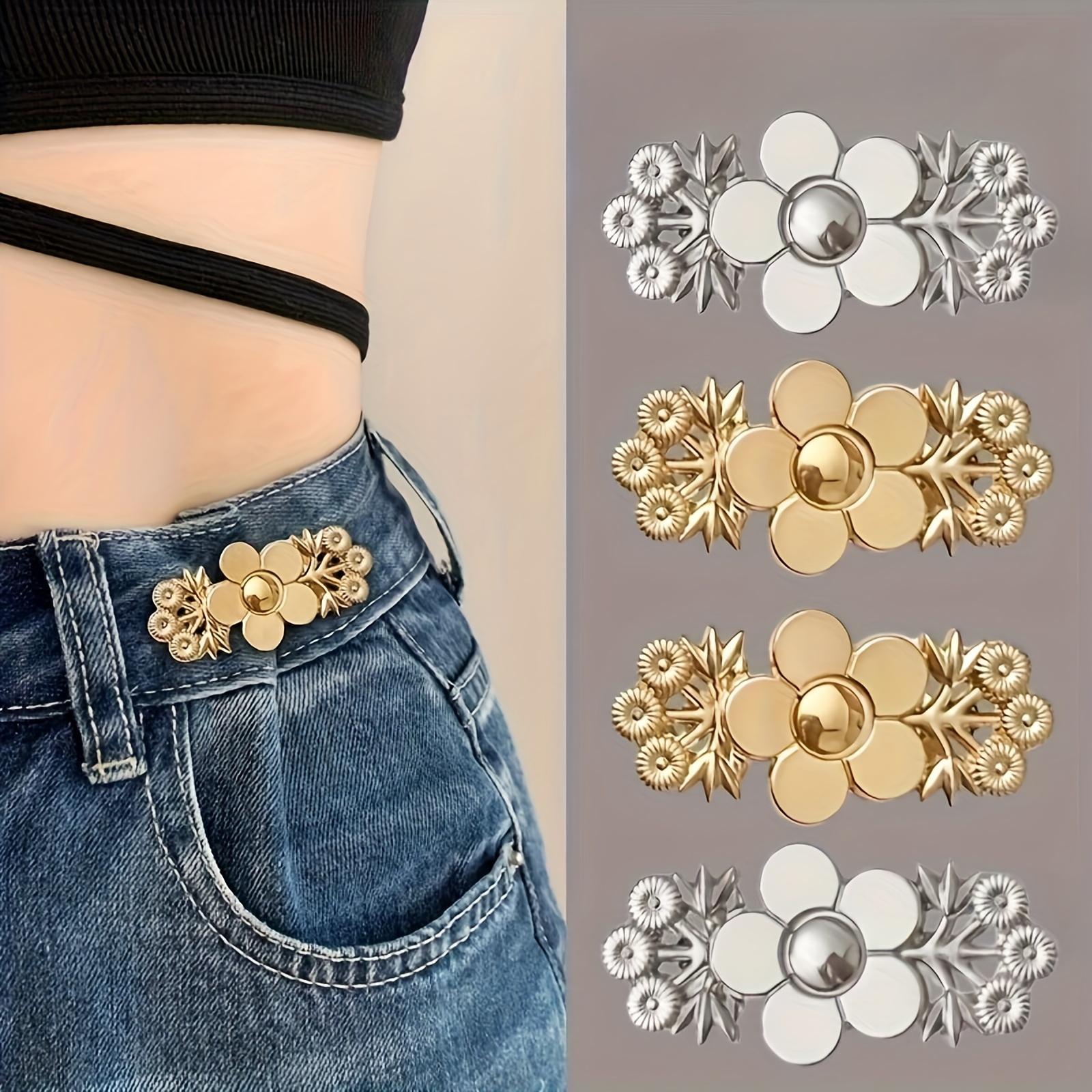 4-Pack Golden Floral Adjustable Waistband Tightener, Snap-On Jeans Button Pins, Metal Waist Reducer, No Sew Instant Fit Denim Flower Clasp