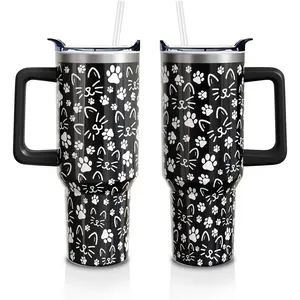 40 Oz Cat Paw Tumbler with Handle and Lid Straw, Black Cat Face Stainless Steel Travel Cups Birthday Cats Lover Gifts for Women Men (1PC)