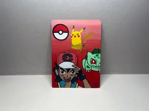 Pikachu and Ash and Bulbasaur Custom Handpainted Collectible Gift Pokémon Card