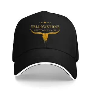 CampaignYellowstone Dutton Ranch Adjustable Baseball Cap - Black Trucker Hat With Golden Bull Skull Design, Polyester, Ideal For Outdoor Wear And Gifting On Valentine'S, Mother'S, Father'S Da