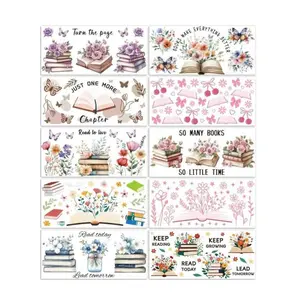 UV DTF Cup Wraps Transfer Stickers Book and Flowers Pattern, 10 Sheets Waterproof Custom Vinyl Transfer Sticker 16oz Coffee Glass Cup Tumbler Bottle Mug Decals for Men Women