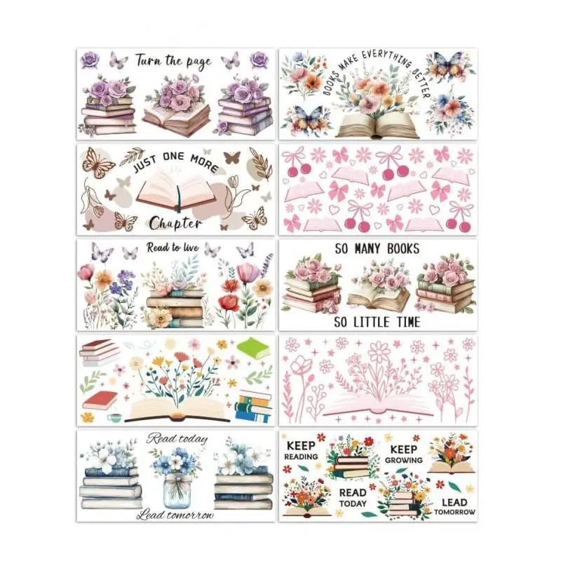 UV DTF Cup Wraps Transfer Stickers Book and Flowers Pattern, 10 Sheets Waterproof Custom Vinyl Transfer Sticker 16oz Coffee Glass Cup Tumbler Bottle Mug Decals for Men Women