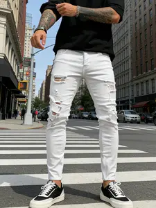 SRETOUU Men's White Ripped Stretch Skinny Jeans Distressed Slim Fit Streetwear Ripped Men Denim Pants Menswear Trouser