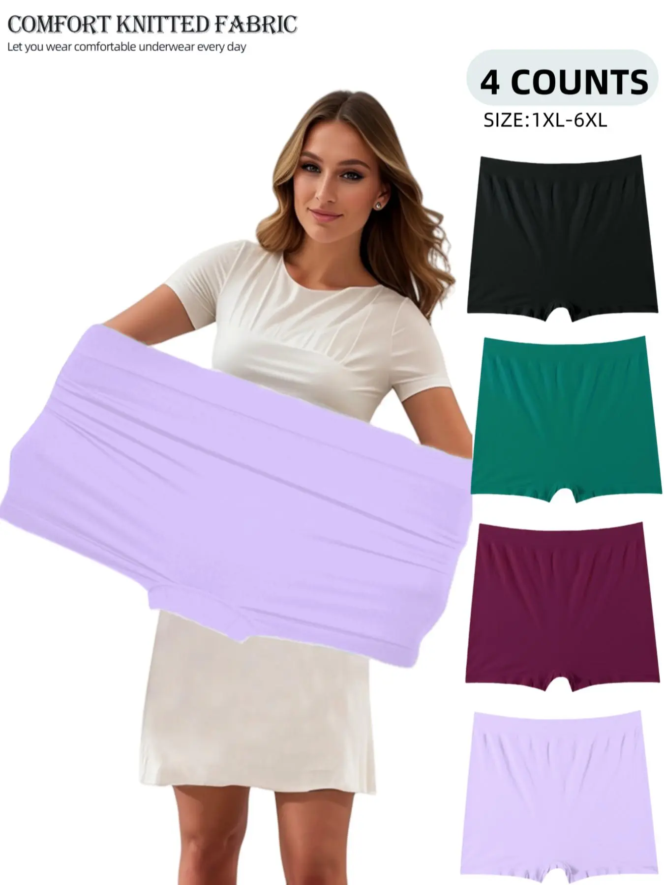 4 Packs Plus Size Women's Skin-Friend Underwear, Soft Comfy Underwear, Soft Comfortable Smooth Seamless Mid-Waist Boxers, Full Hip Coverage, No Roll Edges, High Stretch Waist Shorts, Elastic