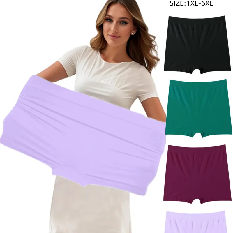 4 Packs Plus Size Women's Skin-Friend Underwear, Soft Comfy Underwear, Soft Comfortable Smooth Seamless Mid-Waist Boxers, Full Hip Coverage, No Roll Edges, High Stretch Waist Shorts, Elastic