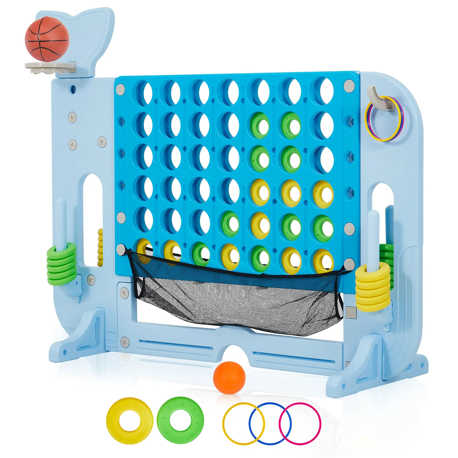 4-in-1 Jumbo Connect Game Set, Adjustable Height, Golf Basketball Ring Toss, Quick-Release Slide, Mesh Pocket, Giant Indoor Outdoor Board Game for Kids Adults, Ideal for Parties & Family Gatherings