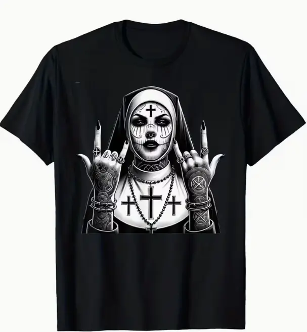 Women's Punk Goth Short Sleeve Tops - Cotton Crew Neck Tee with Bold Rock Sugar Skull Nun Hand Sign Graphic, Unisex Livehouse Hangout Summer Heat Transfer Tshirt