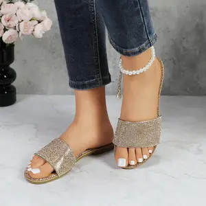 Women's Fancy Sparkly Glitter Rhinestone Flat Sandals Slide Open Toe Footwear Slip-on Girl Fashion Comfortable Summer Casual Indoor Outdoor Dress Shoes Slippers for Wedding Party Vacation Daily Wear