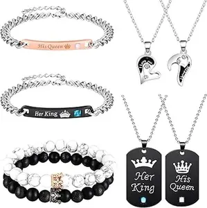 8 Pcs Couples Necklace Bracelet Matching Ong Distance Touch Necklace Her King His Queen I Love You Necklaces Jewelry Set