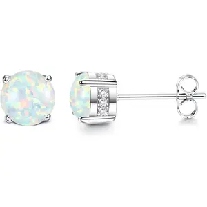 FIASASO Opal Earrings 18K Plated Gold Stainless Steel Post Round Cut Created White/Blue/Pink Opal Stud Earrings for Women 6MM