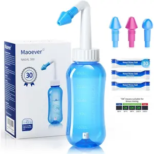 MAOEVER Neti Pot Sinus Rinse Bottle Nose Wash Cleaner Pressure Rinse Nasal Irrigation for Adult & Kid BPA Free 300 ML with 30 Nasal Wash Salt Packets and Sticker Thermometer(Blue)