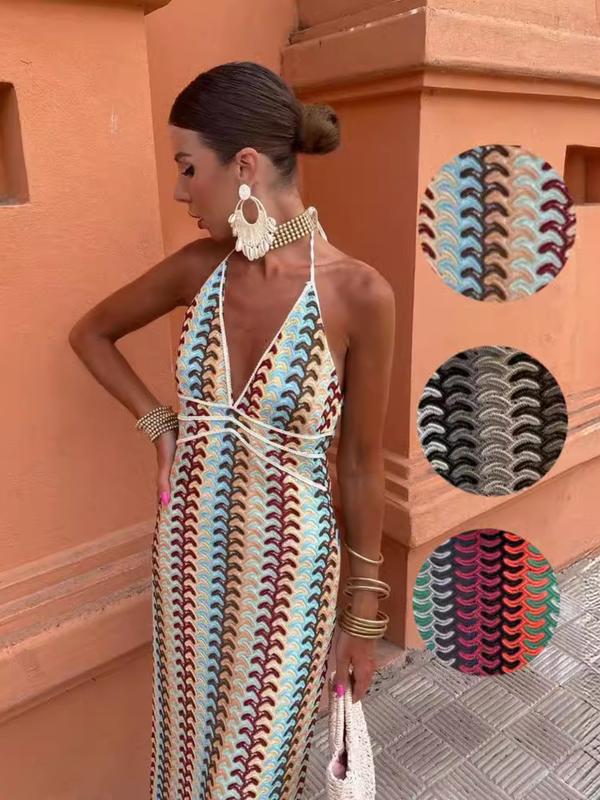 Women's Colorblock Halter Neck Cover Up Dress, Casual Sleeveless ...