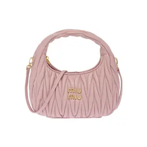 Women's MIU MIU Wander Collection Soft Lambskin Hobo Purse - Pleated Design, Metal Logo, Pink Letter Print, Adjustable Strap Satchel