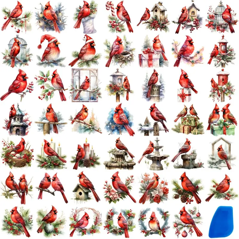 48 Sheets Vintage Christmas Rub On Transfers for Crafts, Rub On Transfers Christmas  Slices, Balls,Holiday Decoration Ornaments,2.5 * 2.5inch (Cardinal Christma)
