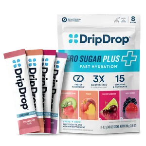 DripDrop Zero Sugar Plus, Strawberry Kiwi, Peach, Cherry Limeade, Wild Berry, 16 oz sticks, 8 count