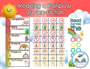 Reading a Rainbow of NF - 52 Non-fiction Book Basket & Spine Labels with Reading Challenge Bookmarks for Kids' Library