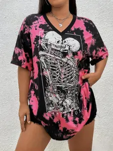 【Plus Size】Women's V Neck Short Sleeve Dress, Comfortable Skin-Friendly Fabric, Tie-Dye Skull Couple Print, Casual Fashion for All Seasons