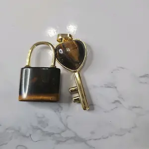Tiger Eye Lock and Key Set - Gold Plated Heart Keychain with Matching Padlock for Secure Storage