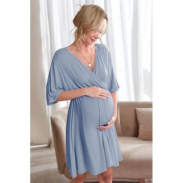 Ekouaer 3 in 1 Labor Delivery Hospital Gown Maternity Dress Nursing Plus Size S-XXL Skin Friendly Elastic Waistline V Neck Design Postpartum Outfit