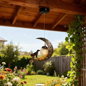 1Pcs Solar Hanging Light, Gutter Decoration Lamp, Hollow Iron Dog Moon Design, Includes Broken Glass Ball, Outdoor Garden Yard Pathway Decor, Solar Garden Lights