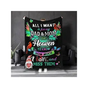 Vibrant Memorial Throw Blanket with "Dad & Mom in Heaven" Quote, Colorful Wings, Cardinals & Gnome Design