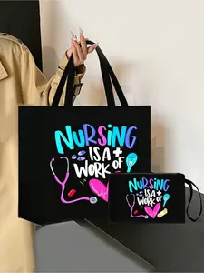 Caring themed tote bag set with medical & stethoscope prints. Ideal gift for nurses, medical students and medical staff. Spacious black tote with sturdy handles, perfect for work use.