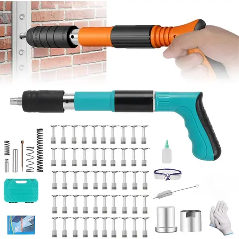 Wear-Resistant Manual Metal Nailgun - Wood+Decor in 1 Tool, Compact Concrete Nail Gun Kit with 50 Nails, Adjustable Wall Fastening Hardware with Handle, Manual Trigger, Gloves Included for Home Outdoor Leisure Use