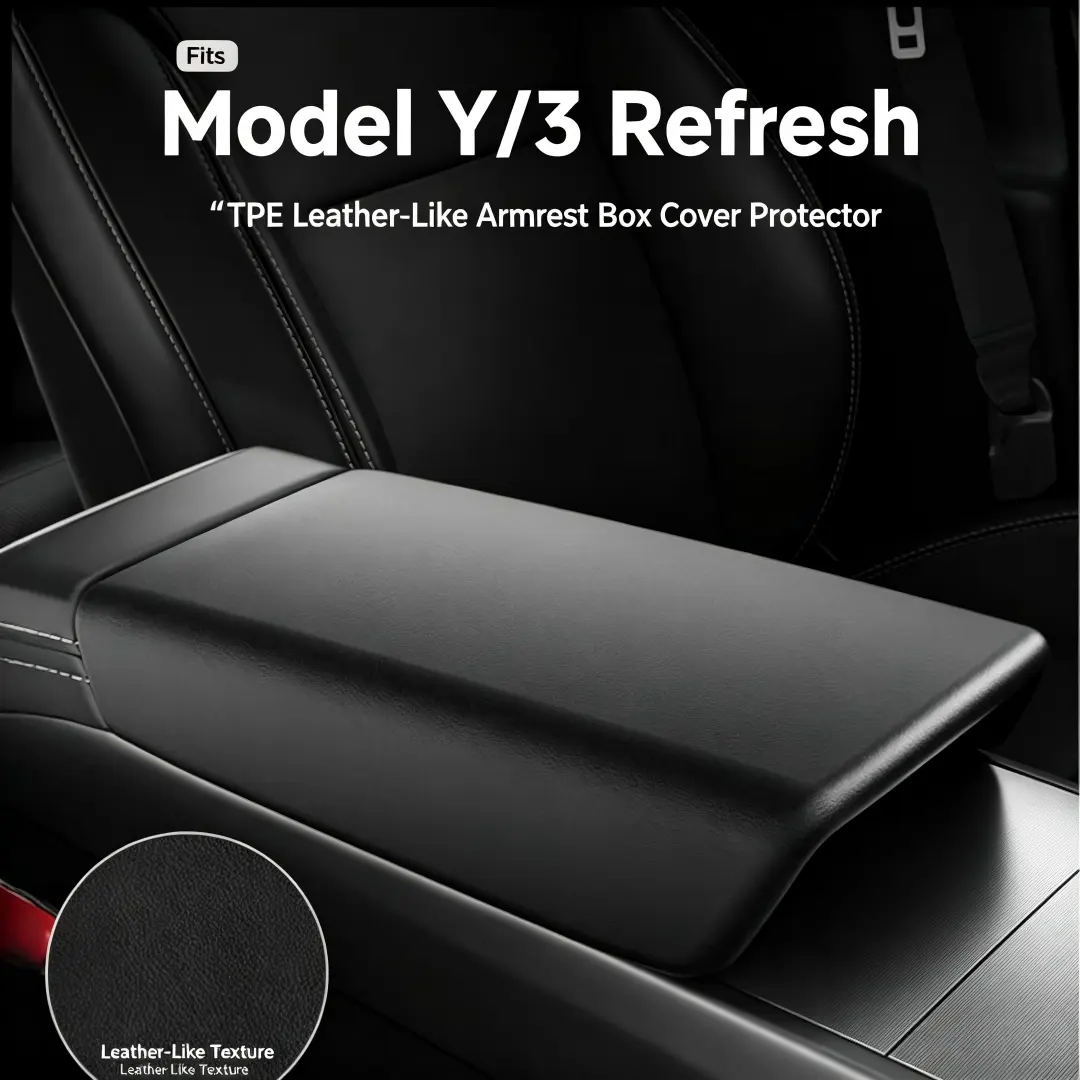 For Tesla Model 3 Highland Model Y Refresh Armrest Cover, Anti-Wear Center Console Armrest Box Protector, Soft TPE Leather Texture Carbon Fiber Armrest Lid Protective Pad