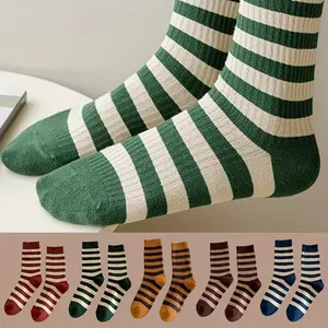 5 Pairs Retro Athletic Crew Socks Cute Striped Long Tube Cotton Socks Beauty & Personal Care