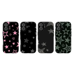 Black Star Aesthetic Phone Case for iPhone & Samsung | Y2K Goth Soft Cover with Pink & White Star Pattern | All Models Supported