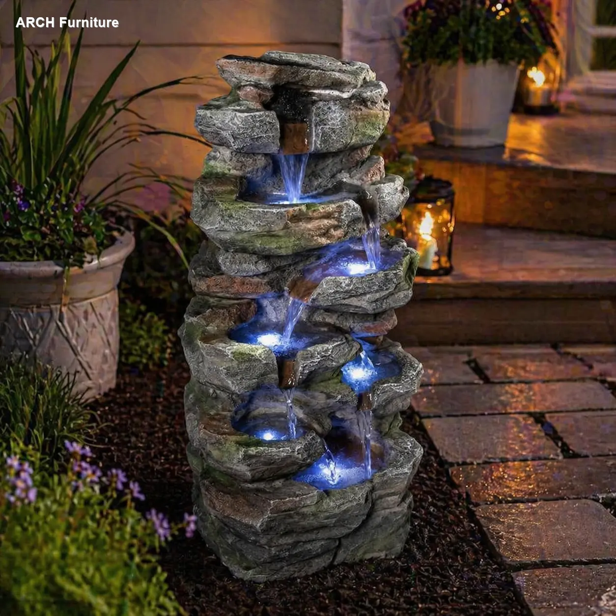 ARCH Rock Waterfall Outdoor Waterfountain with LED Lights, Tiered Cascading Stone Garden Fountain, Backyard Patio Lawn Decor, Home Improvement Garden Accessory, Artificial Stone Fountains, Automatic Waterfall Fountains