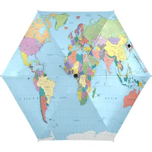 Mini Travel Compact Umbrella, Folding, Light, Small Umbrellas for Bag Purse Backpack Car, Uv Protection Windproof Umbrella for Rain Sun, with Colored Map Pattern