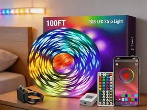 100ft RGB LED strip lights, featuring music sync and dynamic color changing functions. Supports smart app and remote control. Flexible design, ideal for bedroom ambient lighting and home decoration.