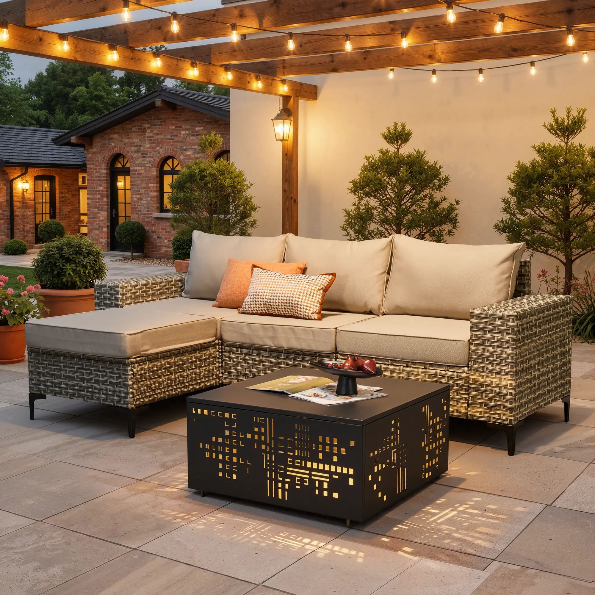 CAODOC 5 Pieces Patio Furniture Sets All Weather Outdoor Sectional Patio Sofa Manual Weaving Wicker Rattan Patio Seating Sofas with Cushion and Iron Coffee Table
