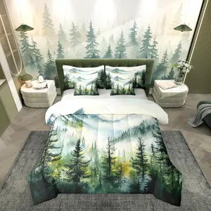 Smoky Mountain 7 Pieces Bedding Set,Oil Painting Trees Bed Bag,Misty Tree Landscape Bed Set,Includes Comfortersheet Set,Pillowcases  Bed Set