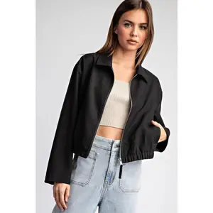 Cropped Elastic Zip Up Jacket Black - Short Length, Front Zipper Closure, Collared Neckline, Two Side Pockets, Tencel & Spandex Blend