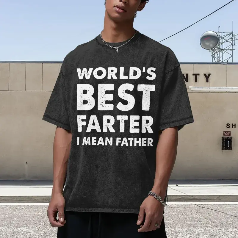 Vintage Washed T-Shirt for Men, 'World's Best Farter' Funny Dad Graphic, Oversized Loose Fit Cotton Tee, Retro Short Sleeve Streetwear Gift, Menswear, Casual, Top, Tshirt, Tops