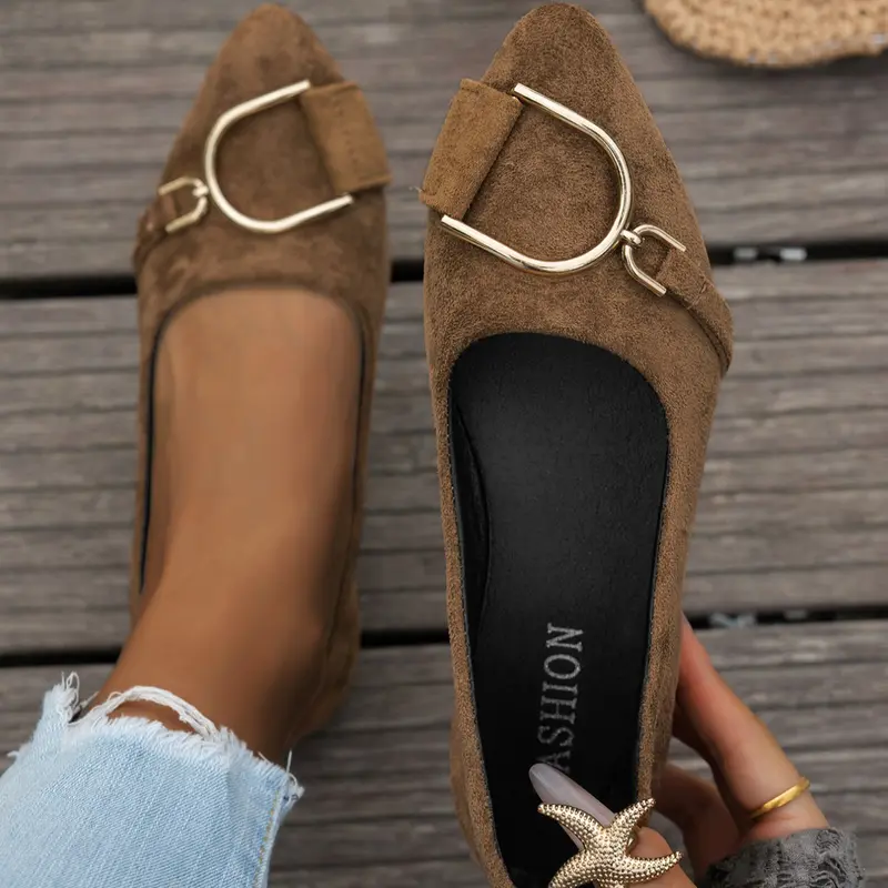 Women's Metal Buckle Pointed Toe Loafers, Soft Rubber Sole, Medium Width, Solid Color, All-Season Casual Slip-On Flats