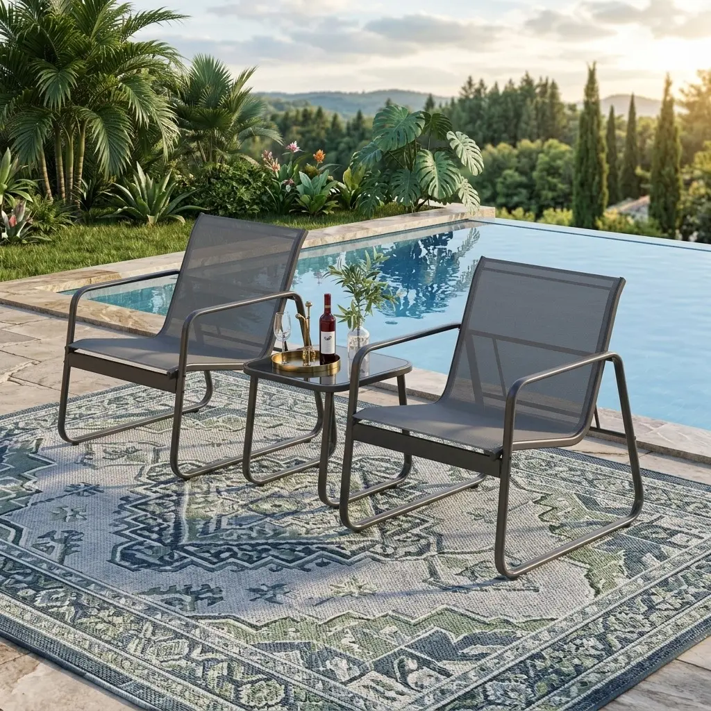 Modern 3-Piece All-Weather Outdoor Bistro Set - Rustproof Patio Conversation Set with Glass Top Table, 2 Chairs, Adjustable ft, Lightweight Family Friendly Balcony Outdoor Furniture for Front Porch, Backyard Relaxation