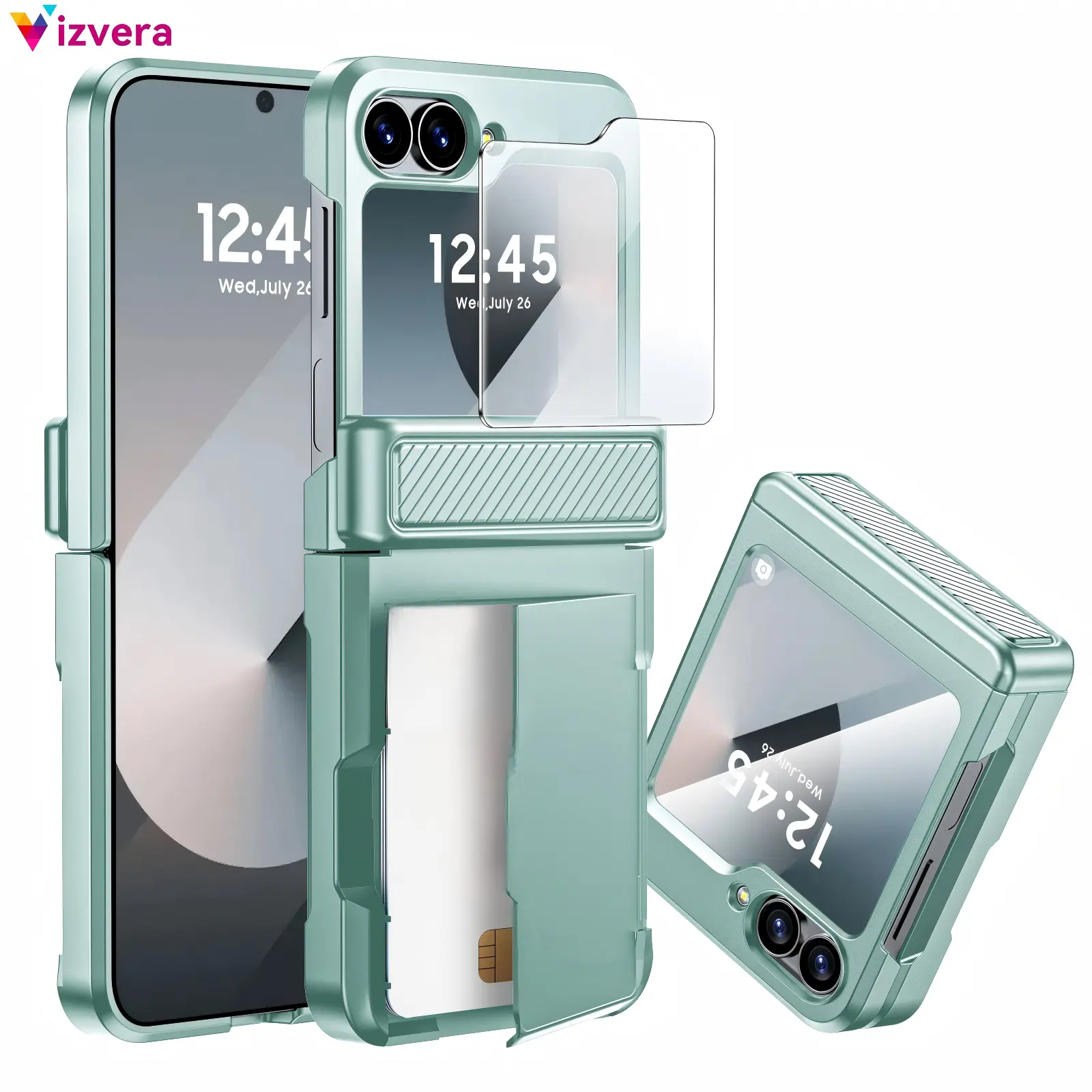 Vizvera for Samsung Galaxy Z Flip 7  / Z Flip 6 Wallet Case – RFID Blocking Card Holder (2-3 Cards) • Full Hinge Protection • Built-in 9H Screen Protector • Military-Grade Drop Protection • Matte Anti-Fingerprint Cover #SummerVibes backtoschool