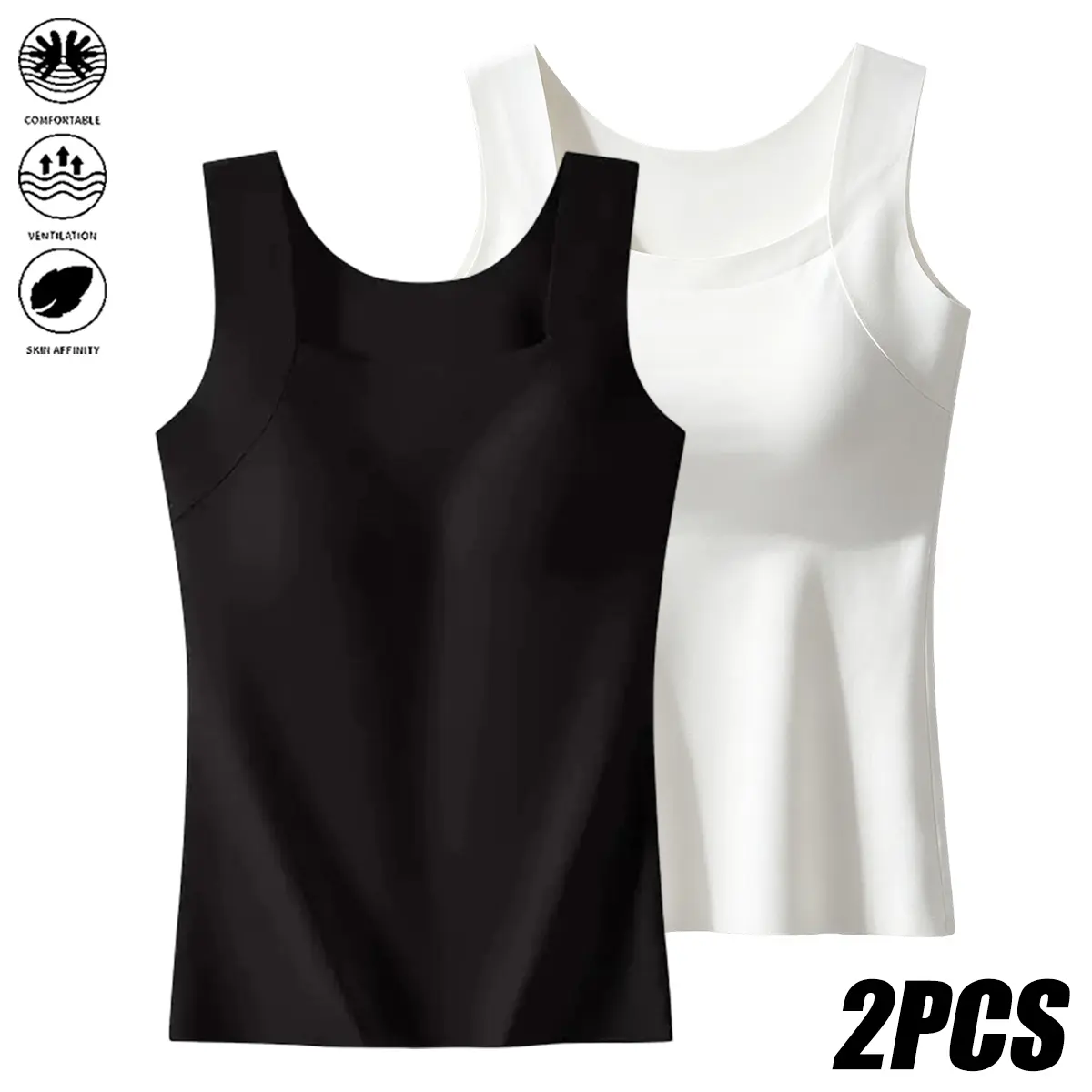 JOGWAVE Women's 2PCS Square-Neck Tank Top - Creamy Ultra-Soft Stretchy Double-Layer Slim-Fit Wide Shoulder Straps Spandex Nylon Minimalist Basic Casual Lady No Padding Tanks & Camis for Everyday Wear,sohochic