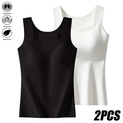 JOGWAVE Women's 2PCS Square-Neck Tank Top - Creamy Ultra-Soft Stretchy Double-Layer Slim-Fit Wide Shoulder Straps Spandex Nylon Minimalist Basic Casual Lady No Padding Tanks & Camis for Everyday Wear