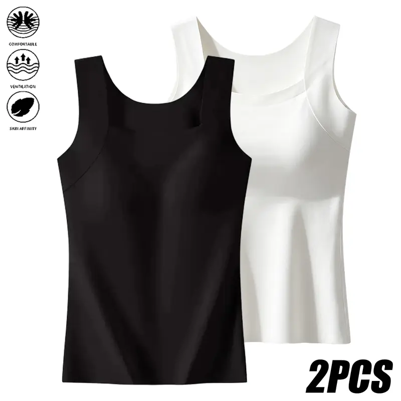 JOGWAVE Women's 2PCS Square-Neck Tank Top - Creamy Ultra-Soft Stretchy Double-Layer Slim-Fit Wide Shoulder Straps Spandex Nylon Minimalist Basic Casual Lady No Padding Tanks & Camis for Everyday Wear