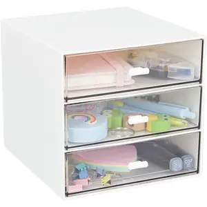 Desk Organizer with 3 Drawers, Clear Plastic Desk Storage Box, Desktop Organization For Office Supplies, Gel Pens, Pencils, Markers, Tape, Erasers, Paperclips, Chargers (White-3 Draws)